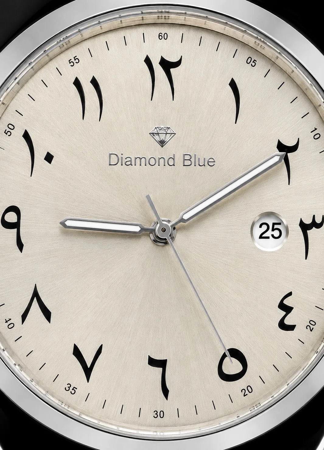 Close-up of Diamond Blue DB-011 ivory sunburst dial with black Arabic numerals, silver hands, Diamond Blue logo and date display.