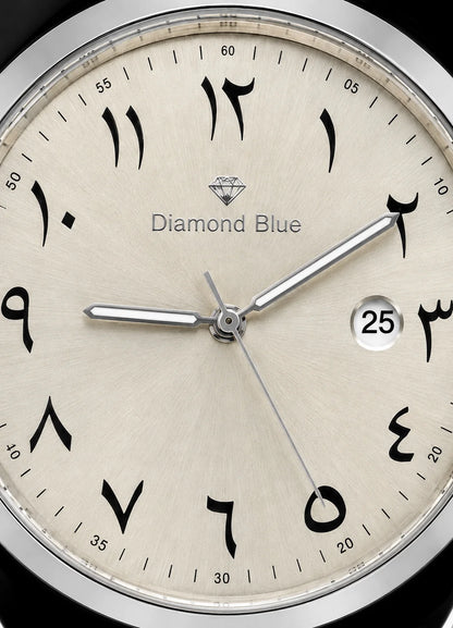 Close-up of Diamond Blue DB-011 ivory sunburst dial with black Arabic numerals, silver hands, Diamond Blue logo and date display.