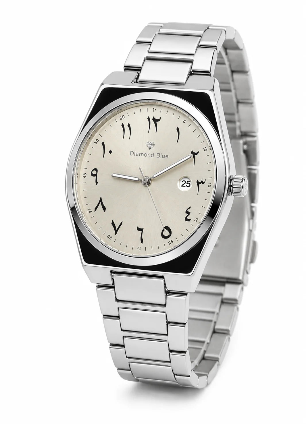 Angled view of Diamond Blue DB-011 silver men's watch with ivory Arabic numeral dial, stainless steel bracelet and date display.