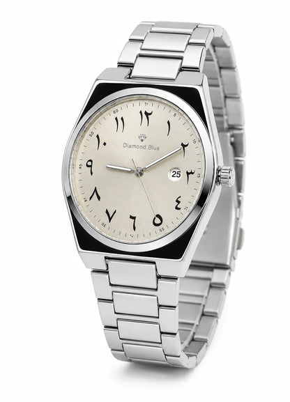 Angled view of Diamond Blue DB-011 silver men's watch with ivory Arabic numeral dial, stainless steel bracelet and date display.