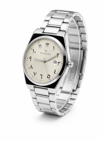 Angled view of Diamond Blue DB-011 silver men's watch with ivory Arabic numeral dial, stainless steel bracelet and date