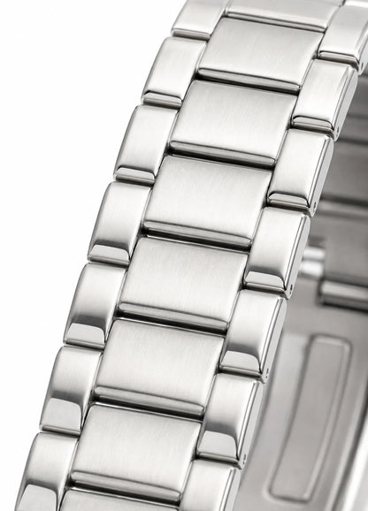 Close-up of Diamond Blue DB-011 silver stainless steel bracelet with polished and brushed metal links.