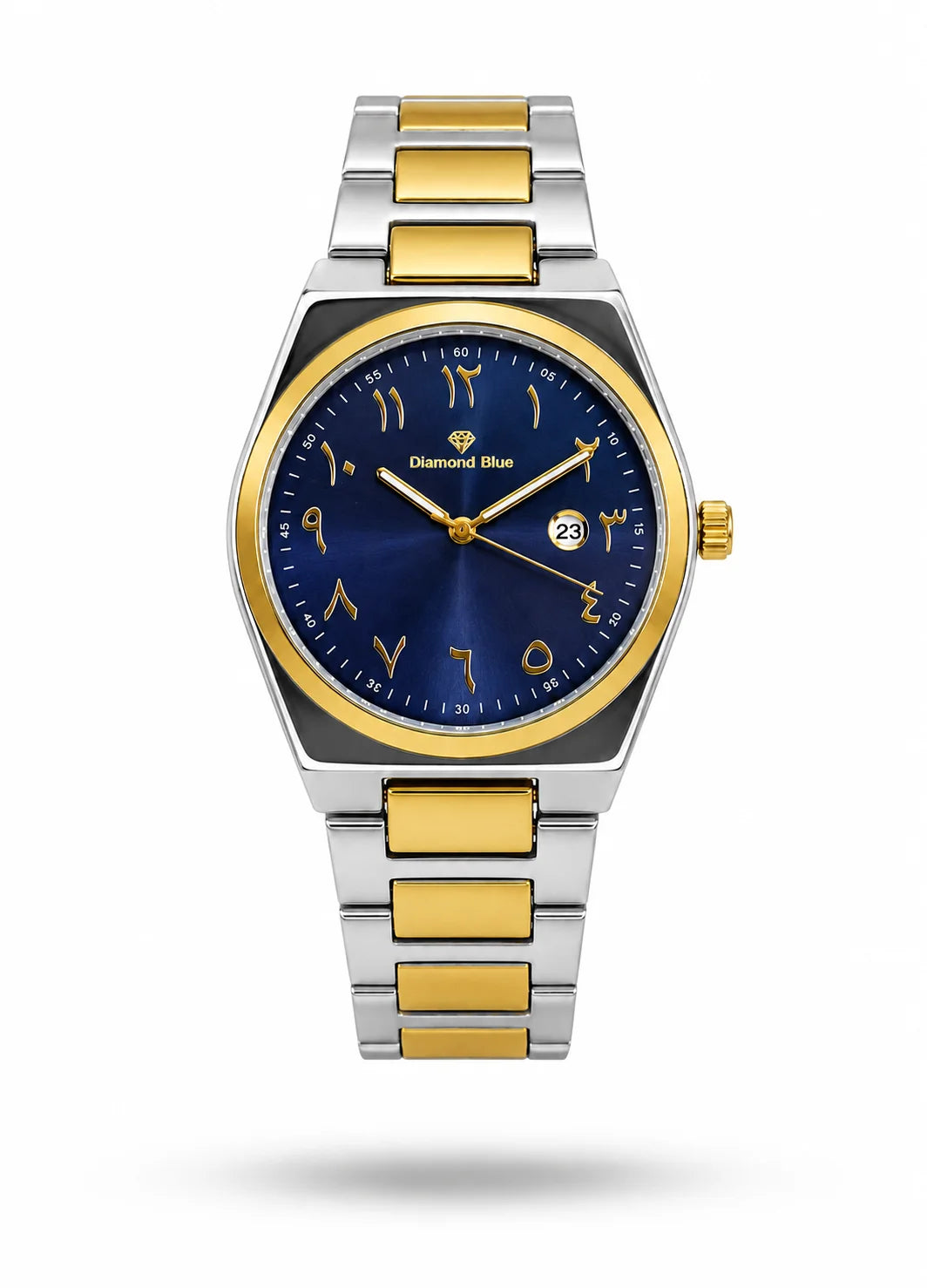 Diamond Blue DB-012 men's two-tone silver and gold watch with deep blue sunburst dial, gold Arabic numerals and date display.