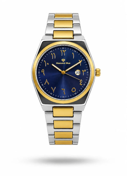 Diamond Blue DB-012 men's two-tone silver and gold watch with deep blue sunburst dial, gold Arabic numerals and date display.
