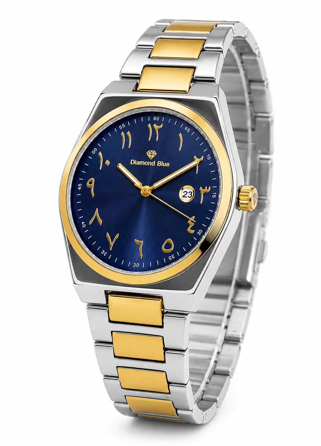 Close product view of Diamond Blue DB-012 luxury men's watch with blue sunburst dial, gold Arabic numerals and two-tone bracelet.