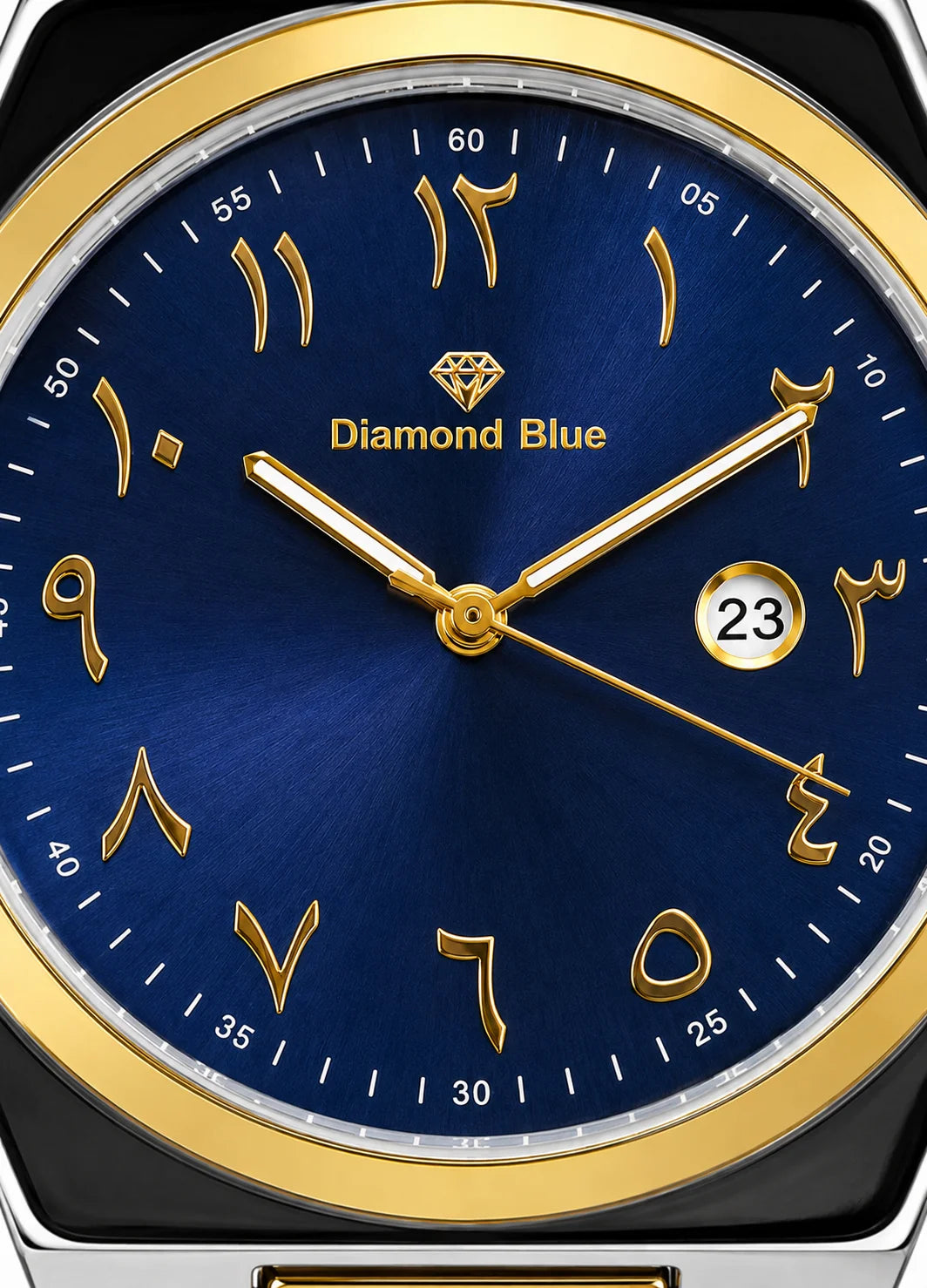 Close-up of Diamond Blue DB-012 deep blue sunburst dial with gold Arabic numerals, gold hands, Diamond Blue logo and date display.