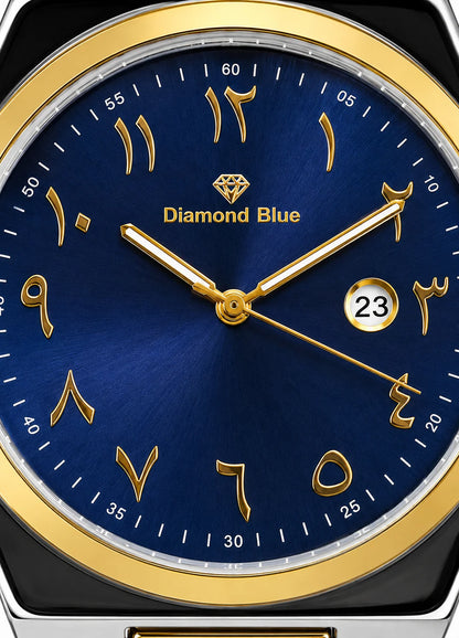 Close-up of Diamond Blue DB-012 deep blue sunburst dial with gold Arabic numerals, gold hands, Diamond Blue logo and date display.