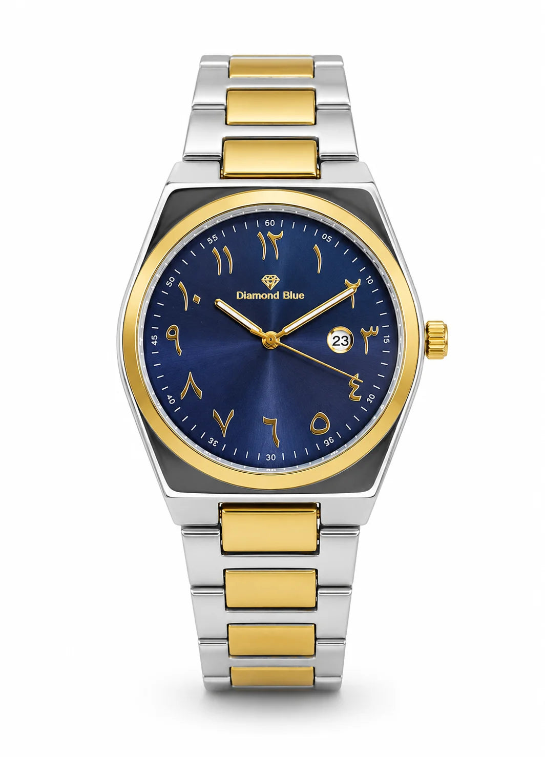 Angled view of Diamond Blue DB-012 two-tone silver and gold men's watch with blue Arabic numeral dial and gold-tone bezel.