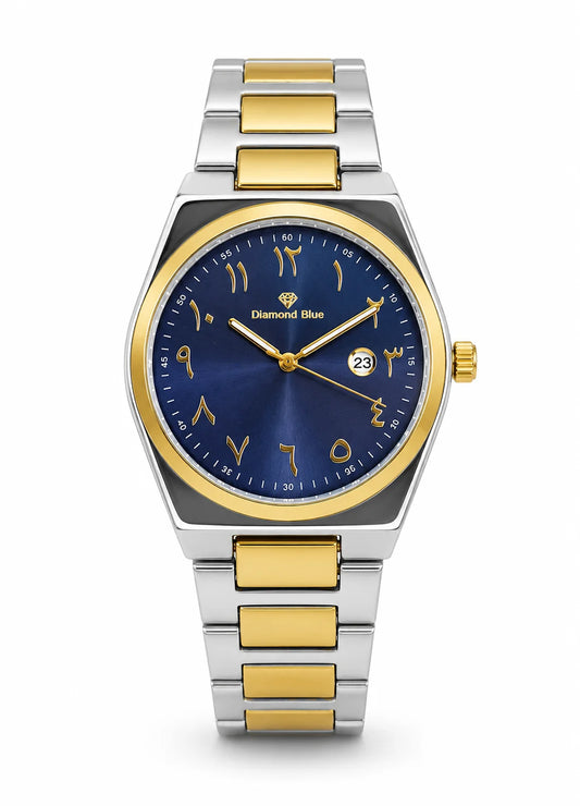 Angled view of Diamond Blue DB-012 two-tone silver and gold men's watch with blue Arabic numeral dial and gold-tone bezel.