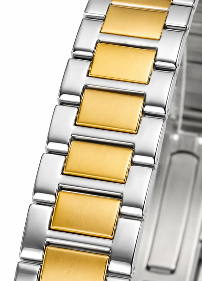 Close-up of Diamond Blue DB-012 two-tone stainless steel bracelet with silver and gold-tone links.