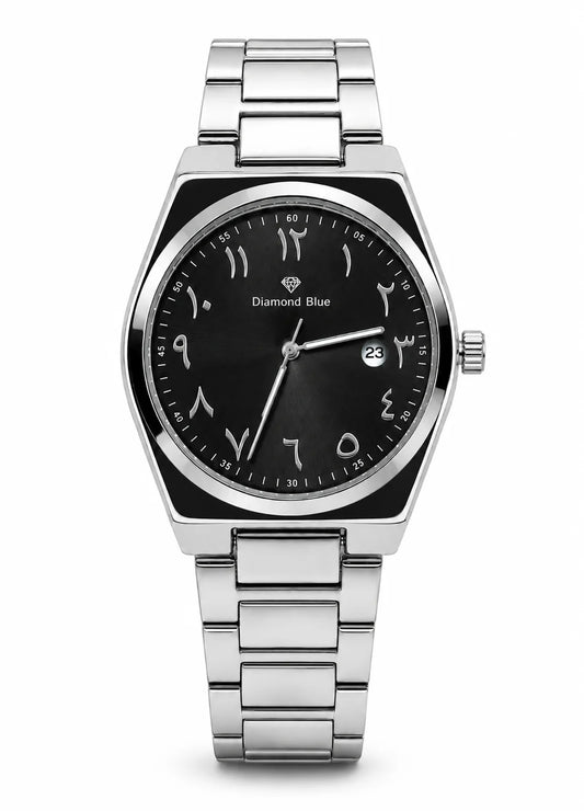 Diamond Blue DB-013 men's silver stainless steel watch with black sunburst dial, silver Arabic numerals and date display.