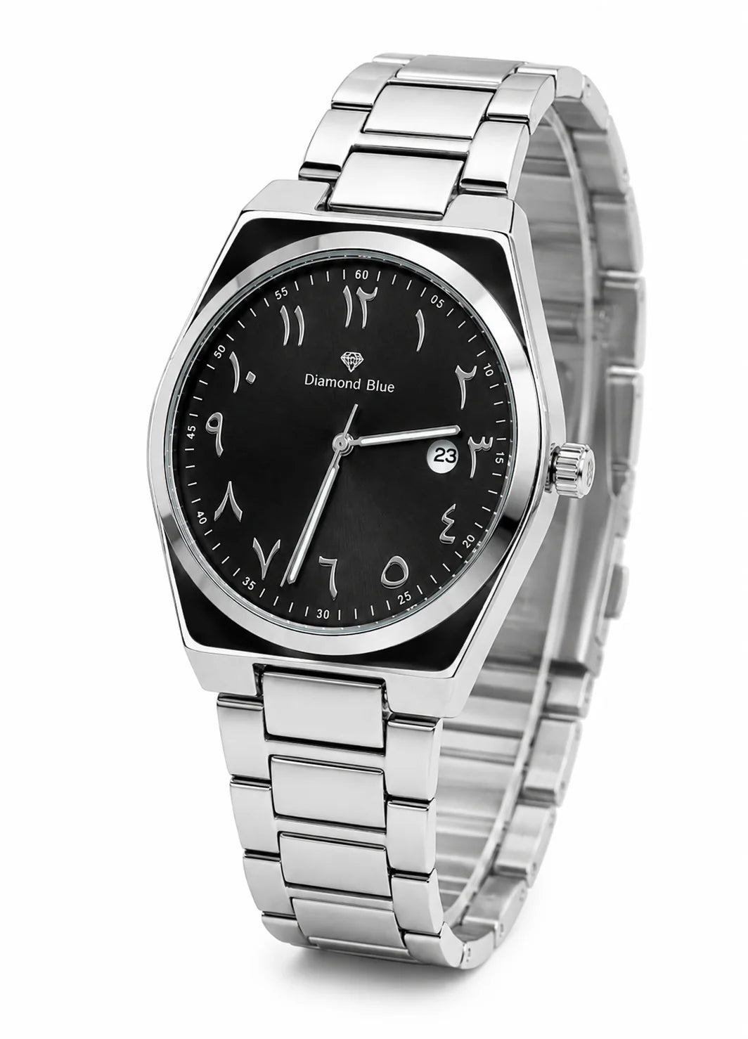 Angled view of Diamond Blue DB-013 black dial men's watch with silver Arabic numerals, stainless steel case and bracelet.