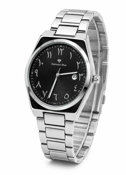 Angled view of Diamond Blue DB-013 black dial men's watch with silver Arabic numerals, stainless steel case and bracelet.