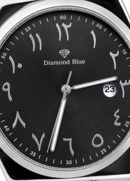 Close-up of Diamond Blue DB-013 black sunburst dial with silver Arabic numerals, silver hands, Diamond Blue logo and date display.