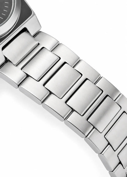 Close-up of Diamond Blue DB-013 silver stainless steel bracelet with polished and brushed metal links.