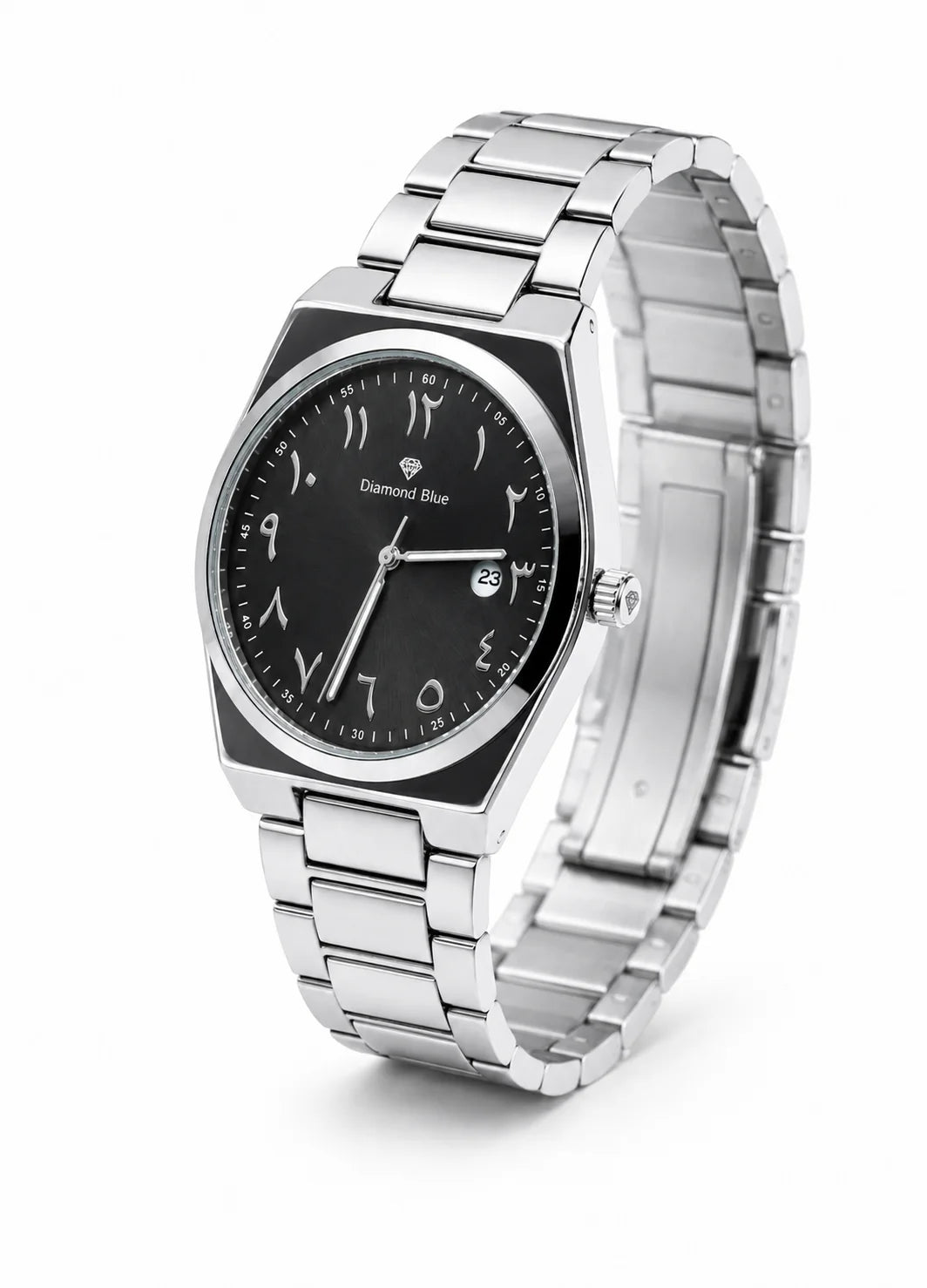 Diamond Blue DB-013 silver stainless steel men's watch shown from an angled side view with black Arabic numeral dial.