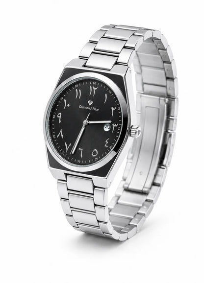 Diamond Blue DB-013 silver stainless steel men's watch shown from an angled side view with black Arabic numeral dial.