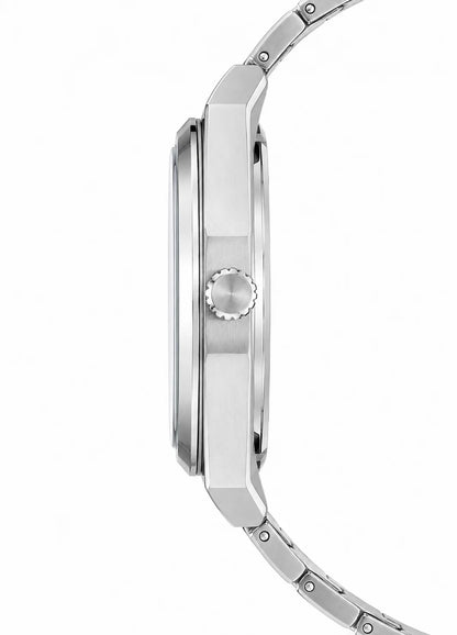 Side profile of Diamond Blue DB-013 men's stainless steel watch showing case thickness, crown and bracelet construction.