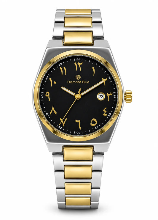 Diamond Blue DB-014 men's two-tone stainless steel watch with black sunburst dial, gold Arabic numerals and date display.