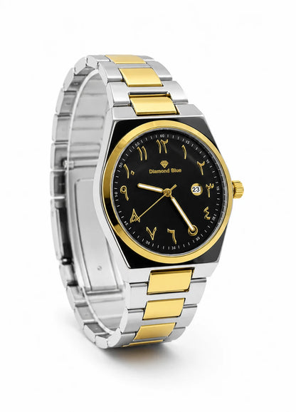 Diamond Blue DB-014 angled view showing black Arabic numeral dial, gold-tone bezel and silver gold stainless steel bracelet.
