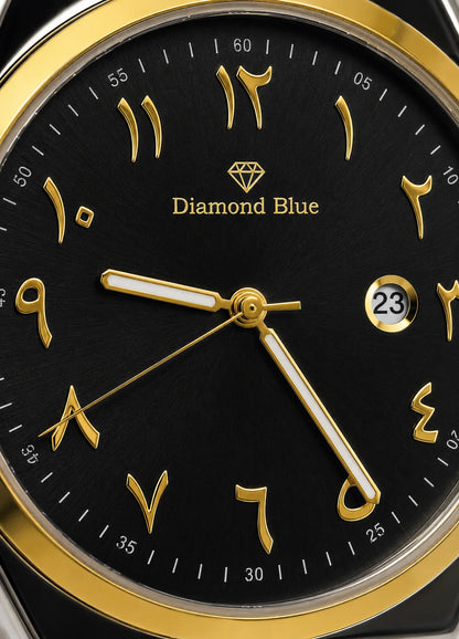 Close-up of Diamond Blue DB-014 black sunburst dial with gold Arabic numerals, gold hands, Diamond Blue logo and date display.