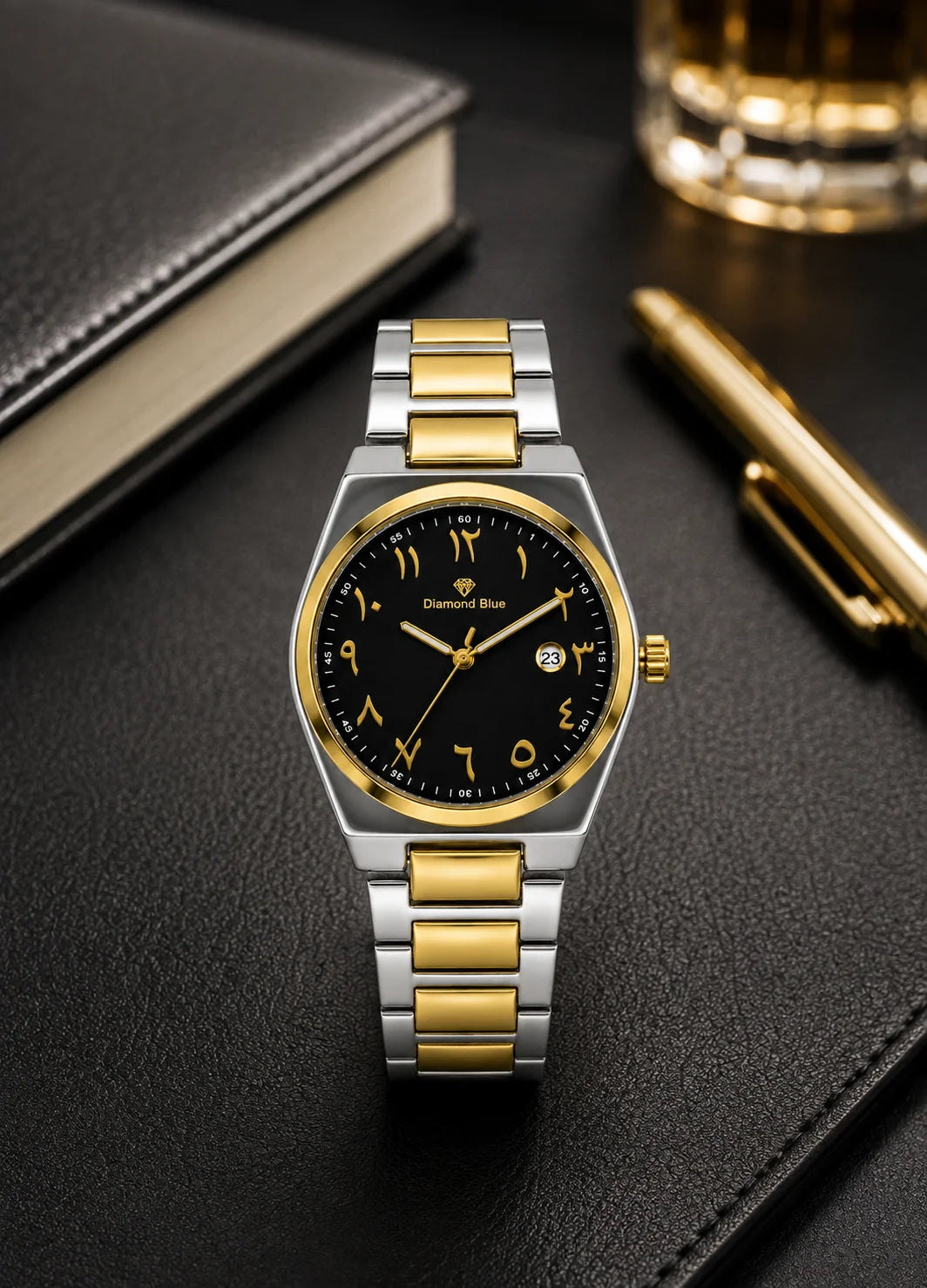 Diamond Blue DB-014 two-tone Arabic numeral men's watch on a premium black executive desk.