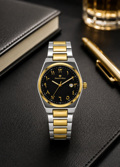 Diamond Blue DB-014 two-tone Arabic numeral men's watch on a premium black executive desk.