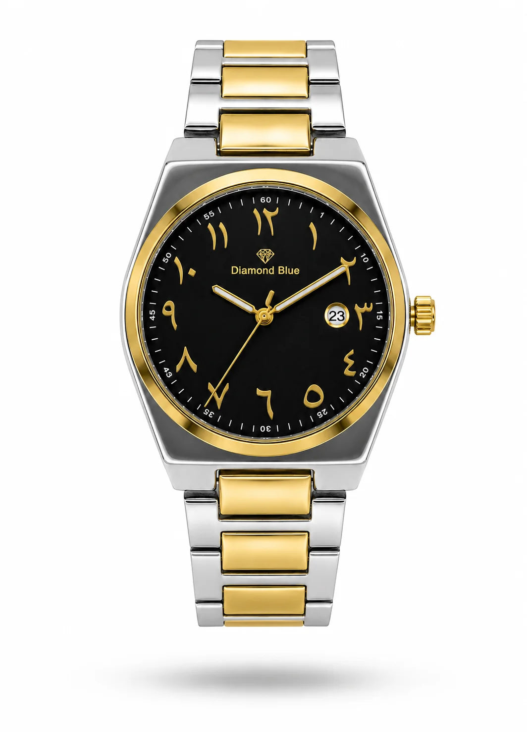 Diamond Blue DB-014 floating front view two-tone men's watch with black Arabic numeral dial and gold-tone details.