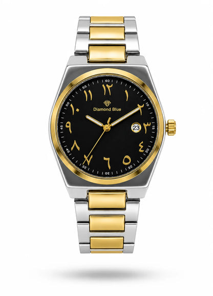 Diamond Blue DB-014 floating front view two-tone men's watch with black Arabic numeral dial and gold-tone details.