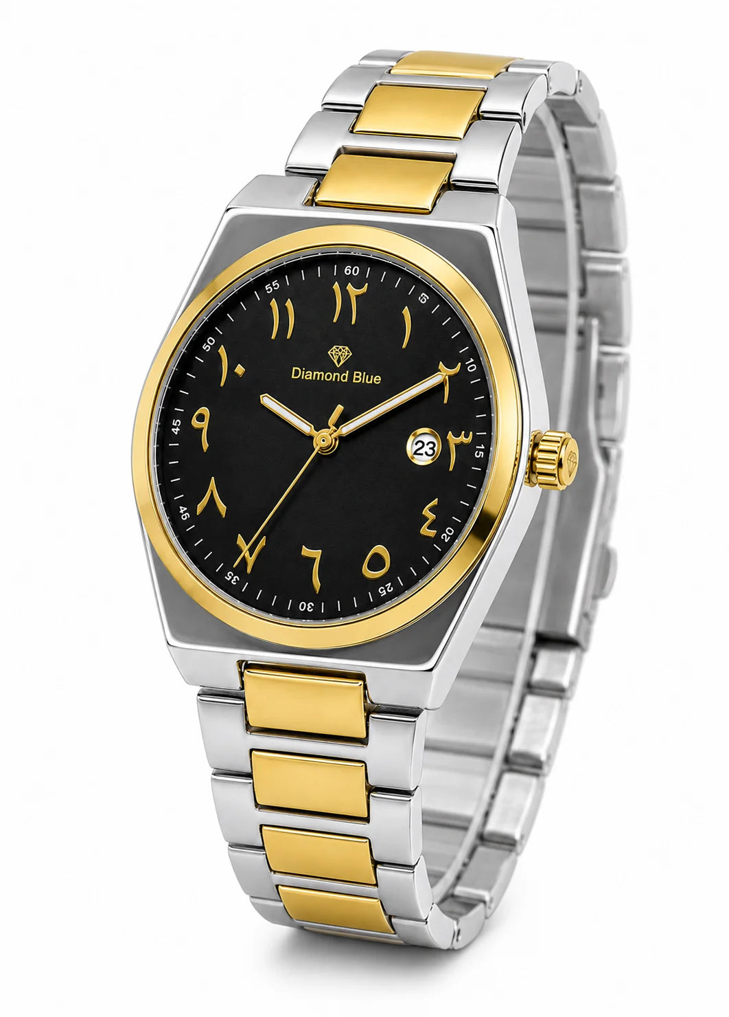 Diamond Blue DB-014 two-tone black dial luxury men's watch with gold-tone bezel and stainless steel bracelet.