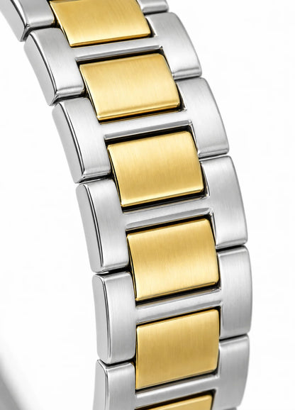 Close-up of Diamond Blue DB-014 two-tone stainless steel bracelet with silver and gold-tone links.