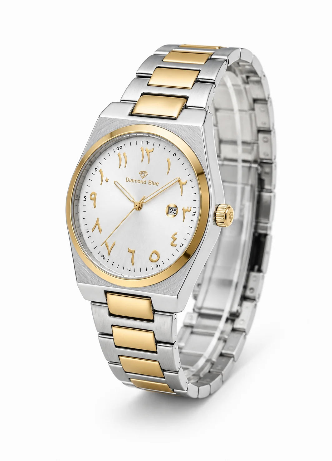 Diamond Blue DB-015 three-quarter view luxury men's watch with silver dial, gold Arabic numerals and two-tone bracelet.