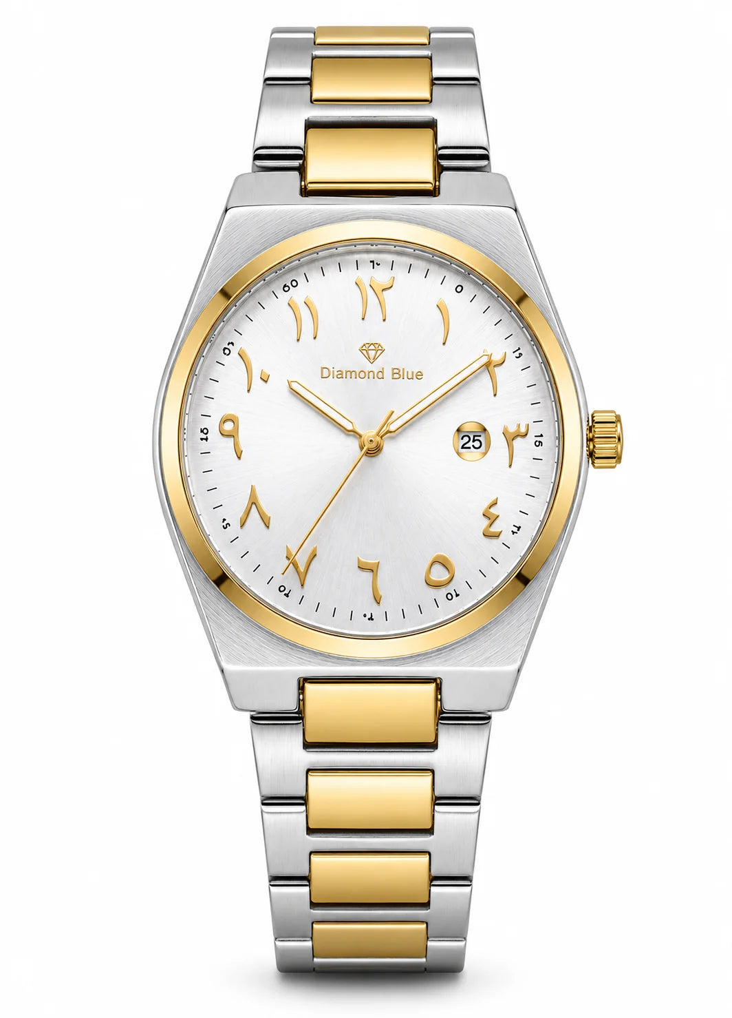 Diamond Blue DB-015 men's two-tone stainless steel watch with silver sunray dial, gold Arabic numerals and date display.