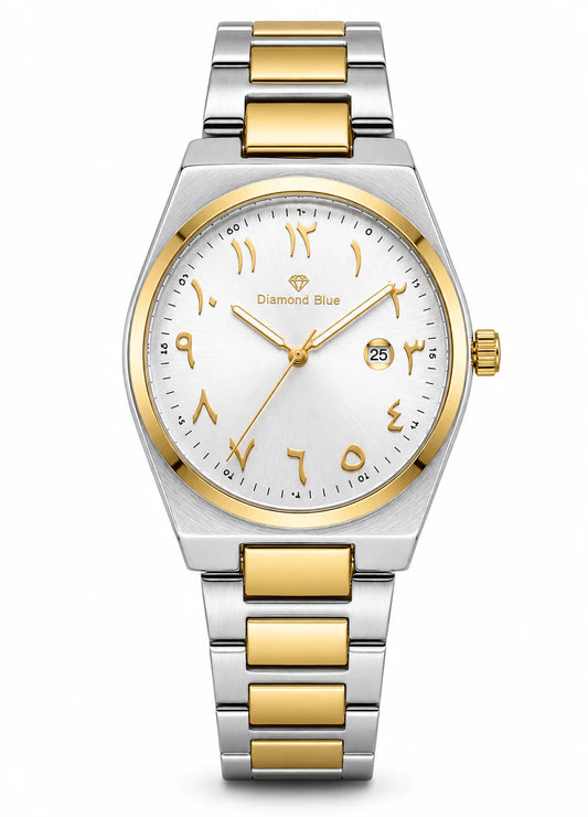 Diamond Blue DB-015 men's two-tone stainless steel watch with silver sunray dial, gold Arabic numerals and date display.