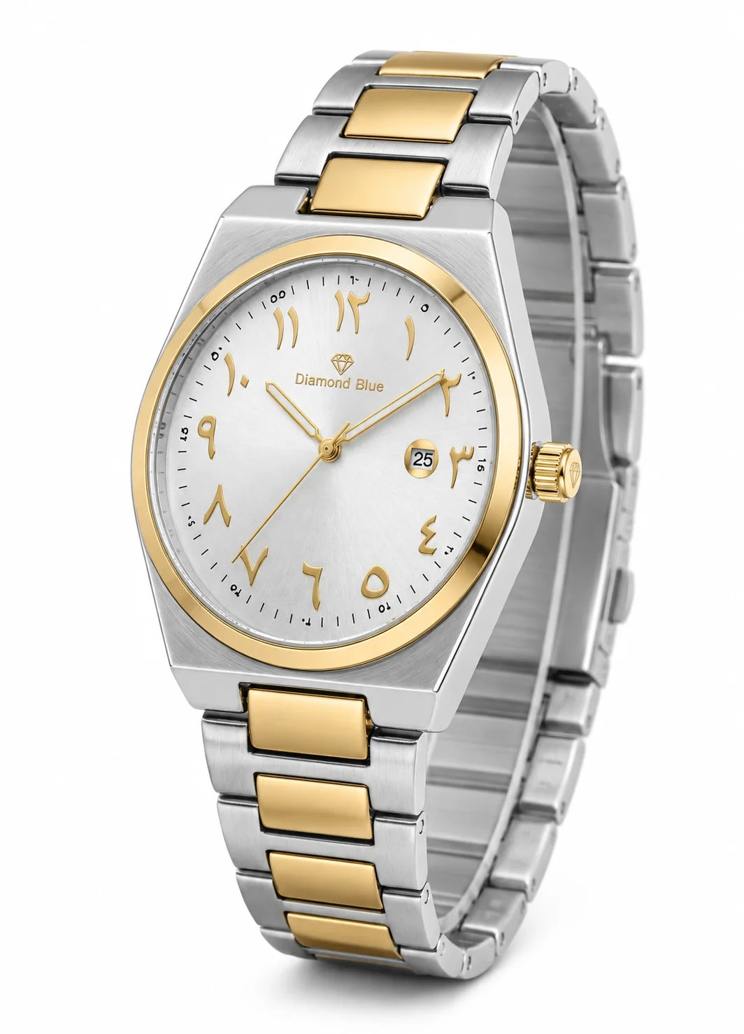 Diamond Blue DB-015 angled view showing silver Arabic numeral dial, gold-tone bezel and two-tone stainless steel bracelet.