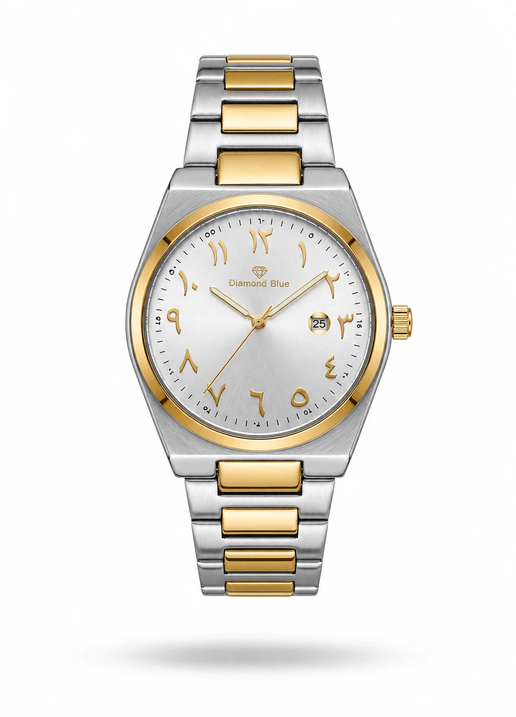 Diamond Blue DB-015 floating front view two-tone men's watch with silver Arabic numeral dial and gold-tone details.