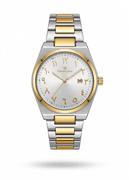 Diamond Blue DB-015 floating front view two-tone men's watch with silver Arabic numeral dial and gold-tone details.