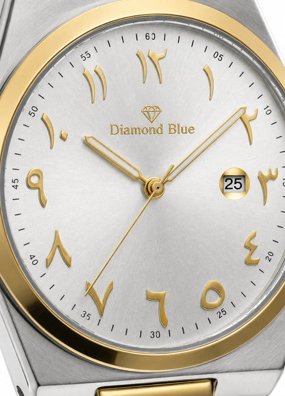 Close-up of Diamond Blue DB-015 silver sunray dial with gold Arabic numerals, gold hands, Diamond Blue logo and date display.