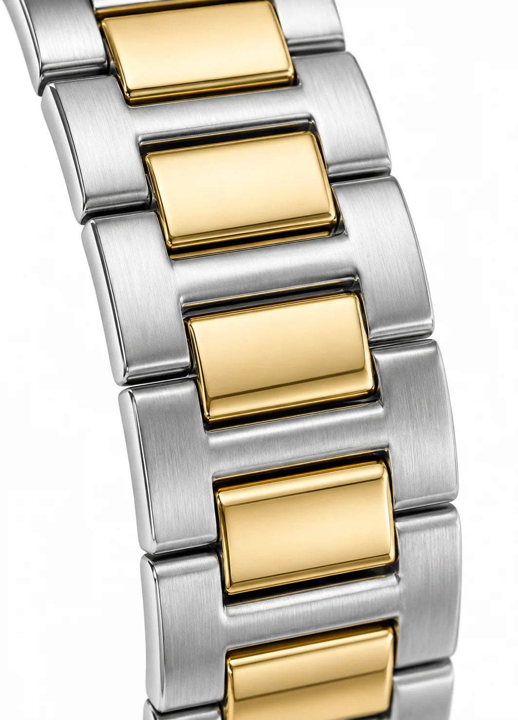 Close-up of Diamond Blue DB-015 two-tone stainless steel bracelet with silver and gold-tone center links.