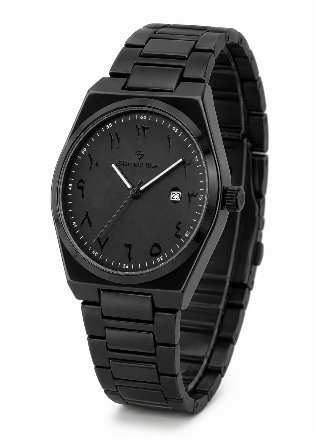 Diamond Blue DB-016 angled view of an all black Arabic numeral men's watch with black stainless steel bracelet.