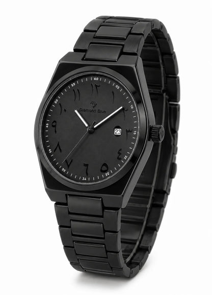 Diamond Blue DB-016 angled view of an all black Arabic numeral men's watch with black stainless steel bracelet.