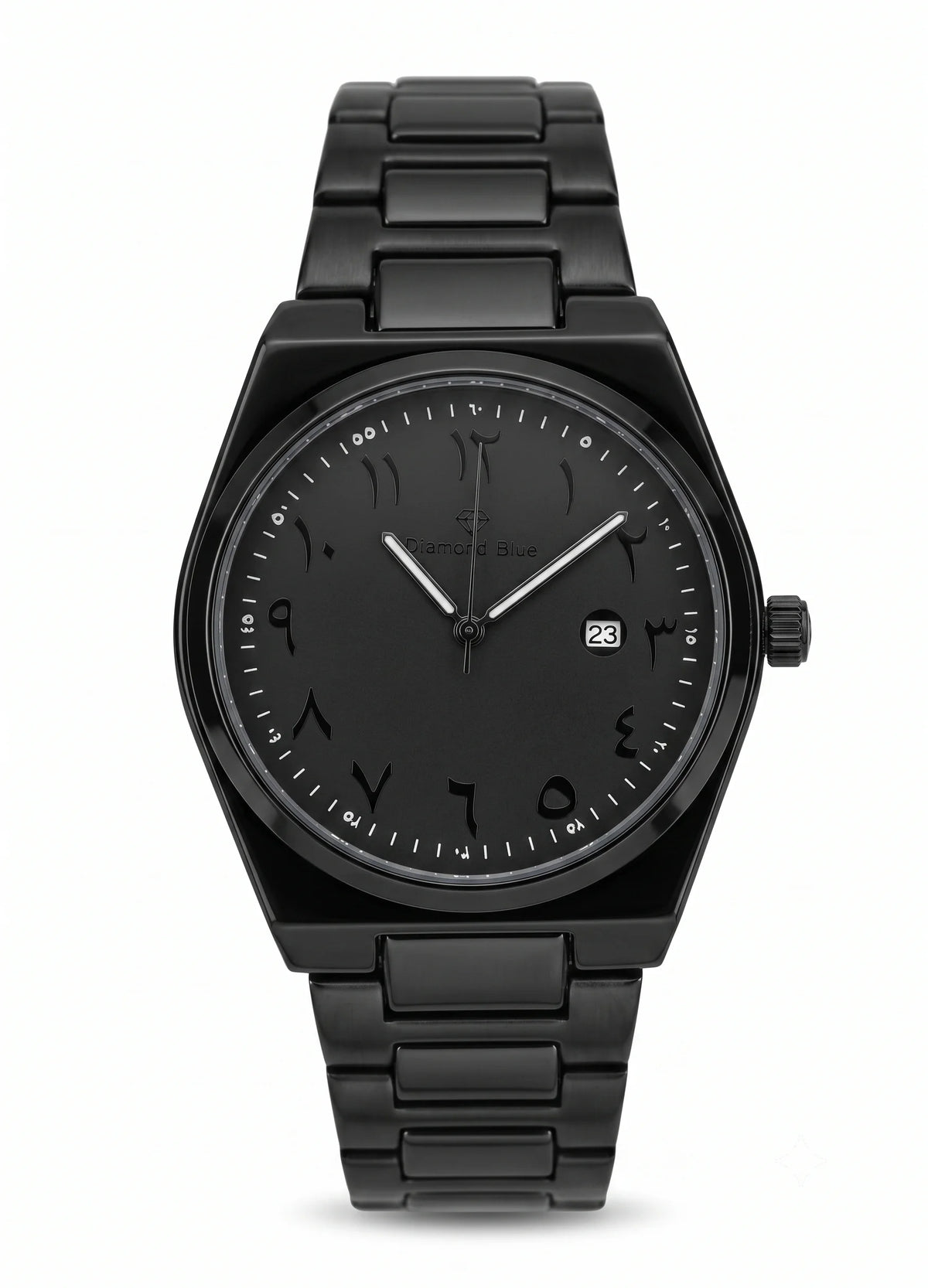 Diamond Blue DB-016 all black men's watch with black Arabic numeral dial, stainless steel bracelet and date display.