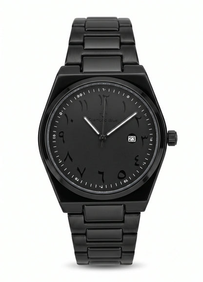 Diamond Blue DB-016 all black men's watch with black Arabic numeral dial, stainless steel bracelet and date display.