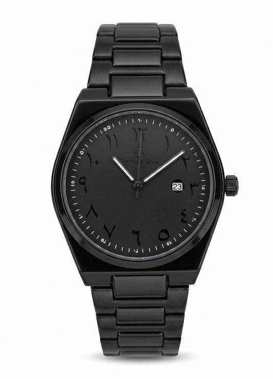 Diamond Blue DB-016 all black men's watch with black Arabic numeral dial, stainless steel bracelet and date display.
