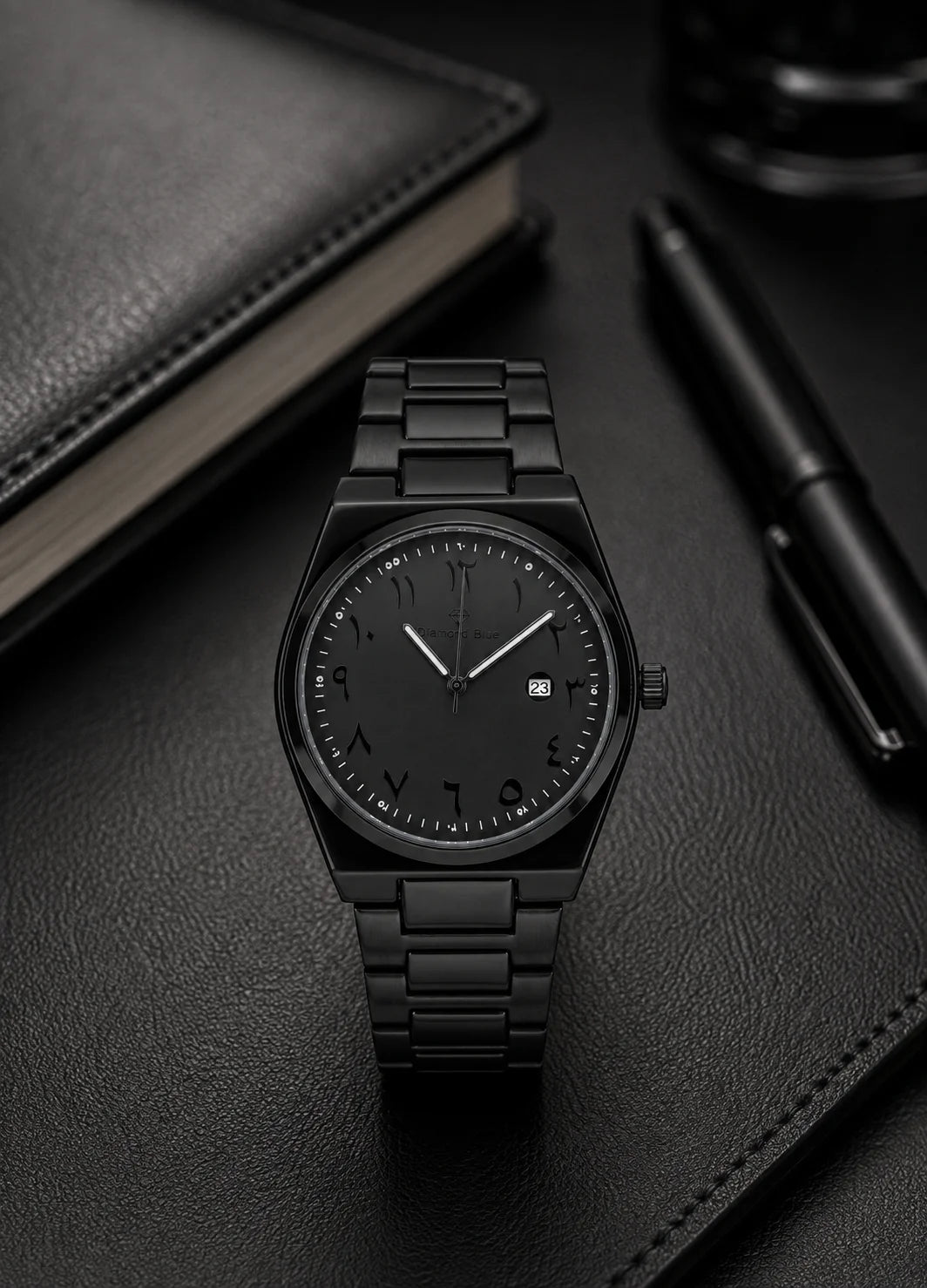Diamond Blue DB-016 all black Arabic numeral men's watch displayed on a premium black executive desk.