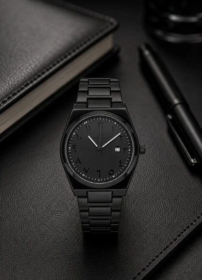 Diamond Blue DB-016 all black Arabic numeral men's watch displayed on a premium black executive desk.