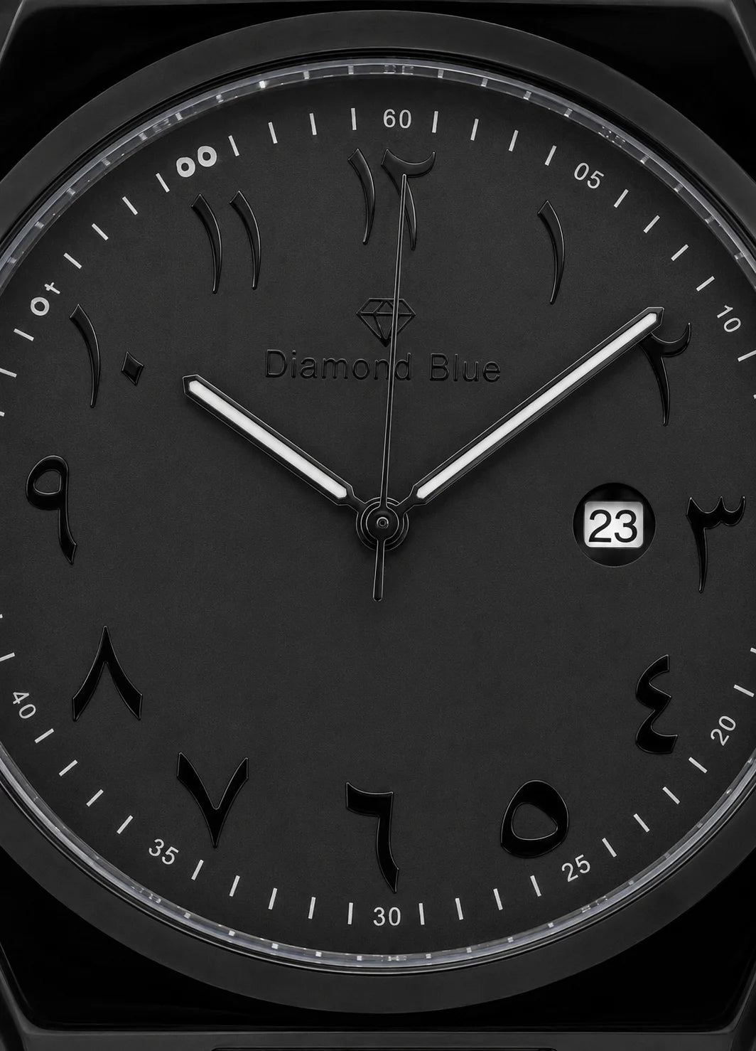 Close-up of Diamond Blue DB-016 black Arabic numeral dial with silver hands, white minute markers and date display.