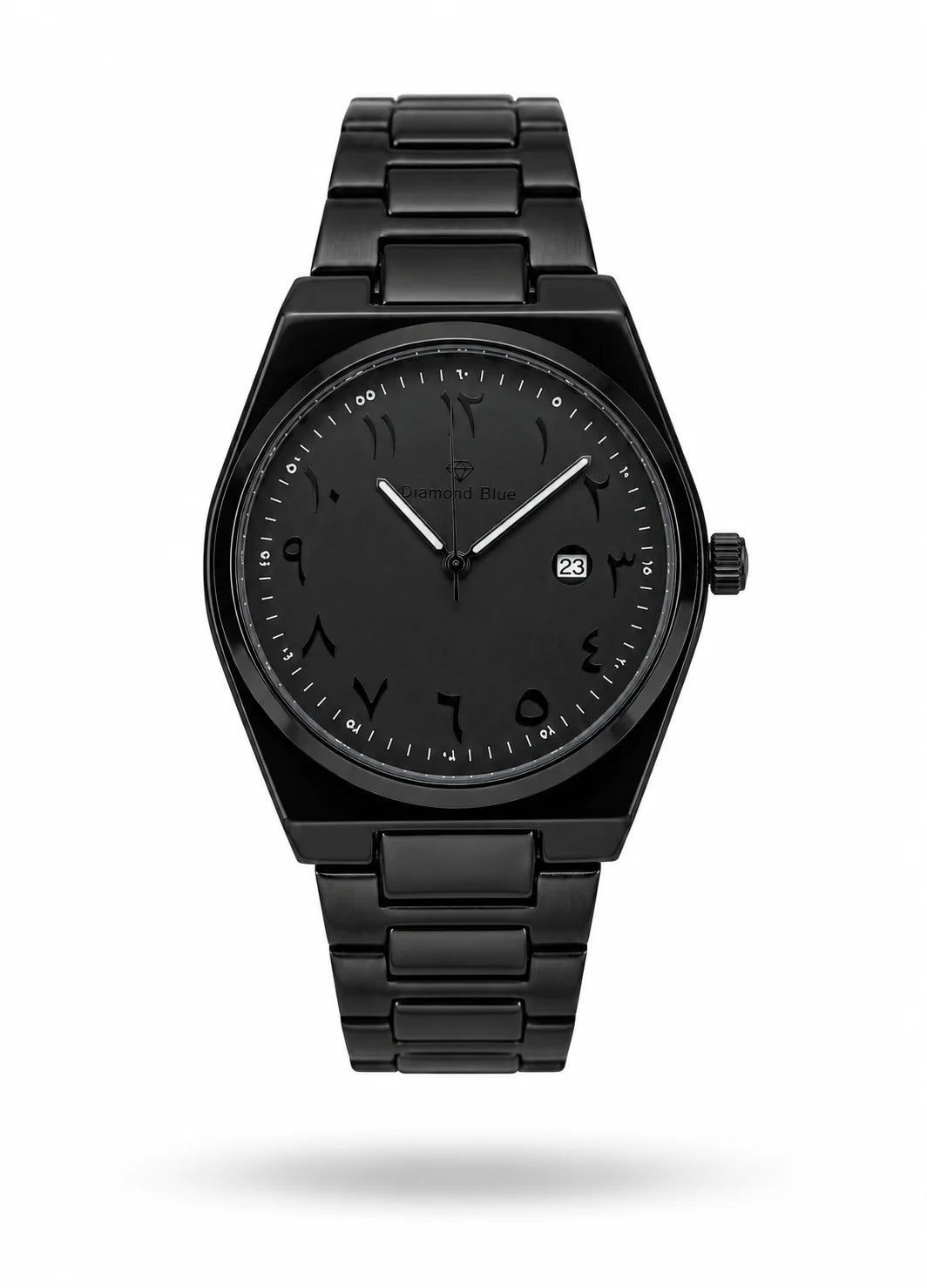 Diamond Blue DB-016 luxury men's watch with black dial, Arabic numerals, black stainless steel case and date window.