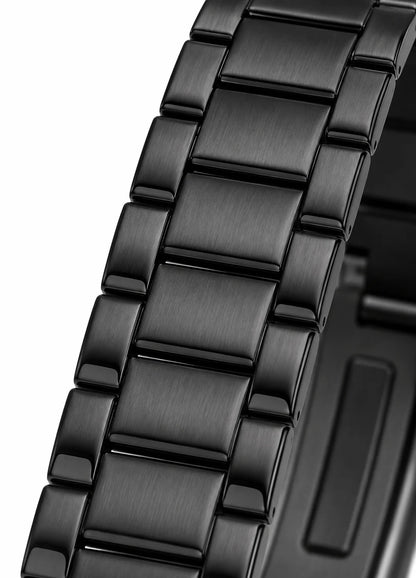 Close-up of Diamond Blue DB-016 black stainless steel bracelet with integrated metal links.