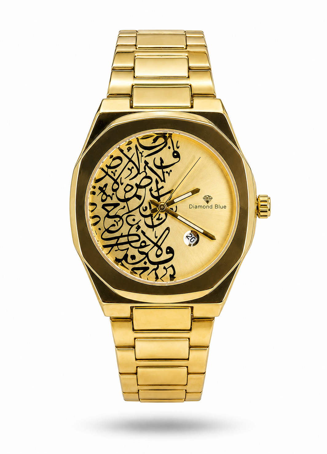 Diamond Blue DB-017 luxury gold men's watch with Arabic calligraphy dial, date display and gold-tone bracelet.
